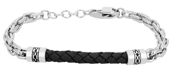 Akzent Armband aus Leder und 316L Edelstahl, silberfarben/schwarz