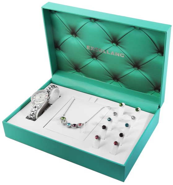 Excellanc Damengeschenkset mit Armbanduhr, fünf Paar Ohrringen und Halskette
