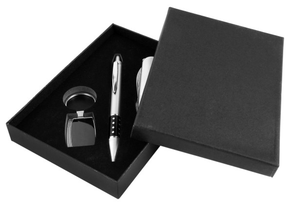 Uhrenset / Geschenkset bestehend aus Kugelschreiber, Taschenmesser und Schlüsselanhänger