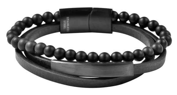 Akzent Armband aus Echtleder mit Onyxkugeln, schwarz