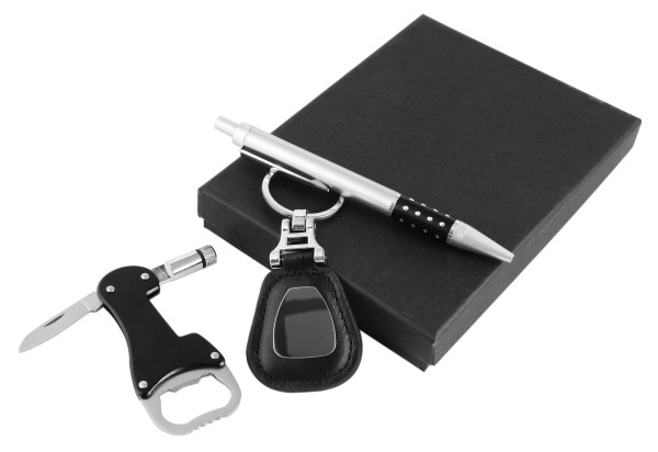Uhrenset / Geschenkset bestehend aus Kugelschreiber, Flaschenöffner und Schlüsselanhänger
